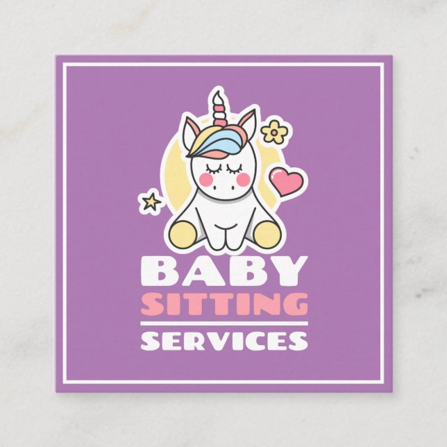 Carte De Visite Carré Baby-sitting Services Cute Unicorn Professional Ki (Devant)