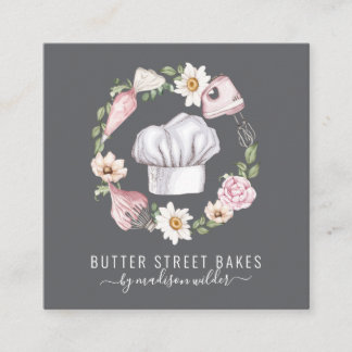 Carte De Visite Carré Baker Pastry Chef Watercolor Utensils Floral