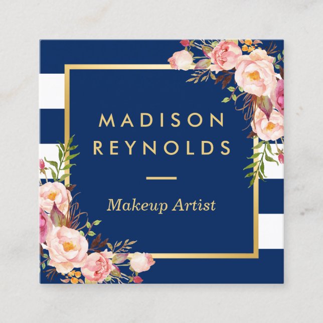 Carte De Visite Carré Beau cadre Floral Or Marine Blancs (Devant)