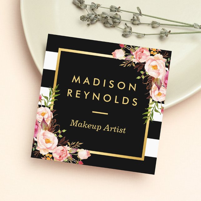 Carte De Visite Carré Beau cadre or floral noir blanc rayures (Créateur téléchargé)