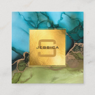 Carte De Visite Carré Beau or Turquoise noir Monogramme