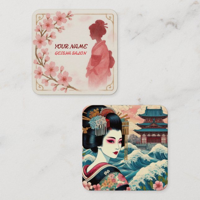 Carte De Visite Carré Beauté orientale Geisha salon aquarelle sakura art (Devant / Derrière)