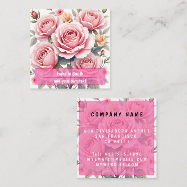 Carte De Visite Carré Beautiful Pink Roses Luxury Trendy Collection (Devant / Derrière)