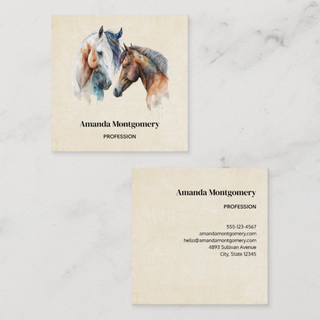 Carte De Visite Carré Beaux Chevaux Style Boho Occidental (Devant / Derrière)