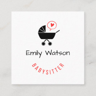 Carte De Visite Carré Bébé mignon poussette Coeur rouge Babysitter