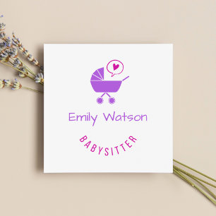 Carte De Visite Carré Bébé mignonne poussette pourpre Coeur Babysitter
