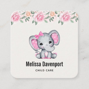 Carte De Visite Carré Bébé rose mignon éléphant et frontière Rose