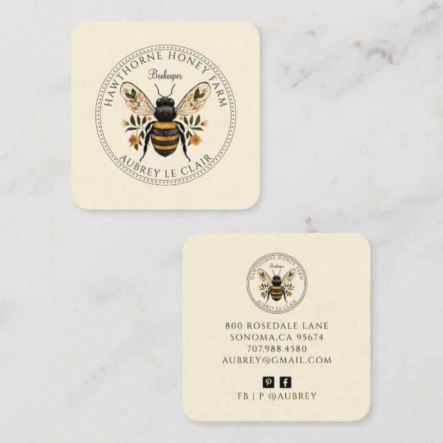 Carte De Visite Carré Bee Beekeeper Honey Apiary Business Card (Devant / Derrière)