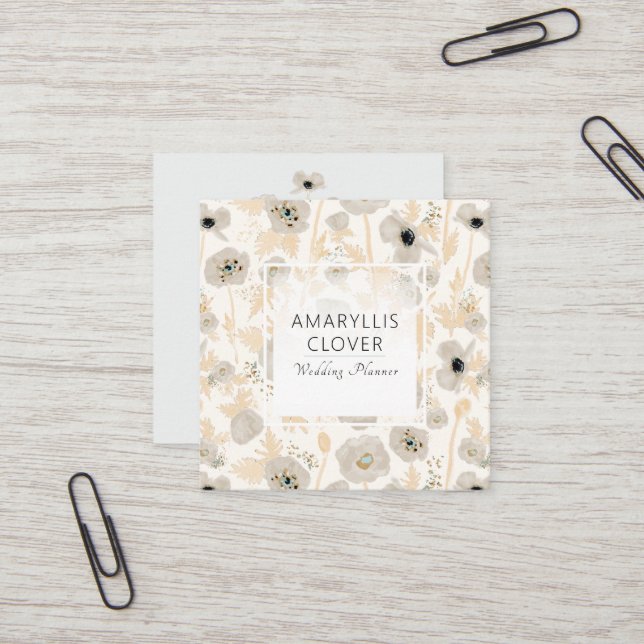 Carte De Visite Carré Belle Aquarelle Gris Jaune Pépites Floral (Devant/Arrière en situation)