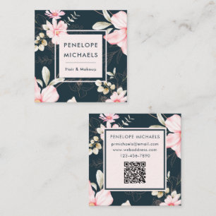 Carte De Visite Carré Belle florale blush avec QR Code Bleu foncé