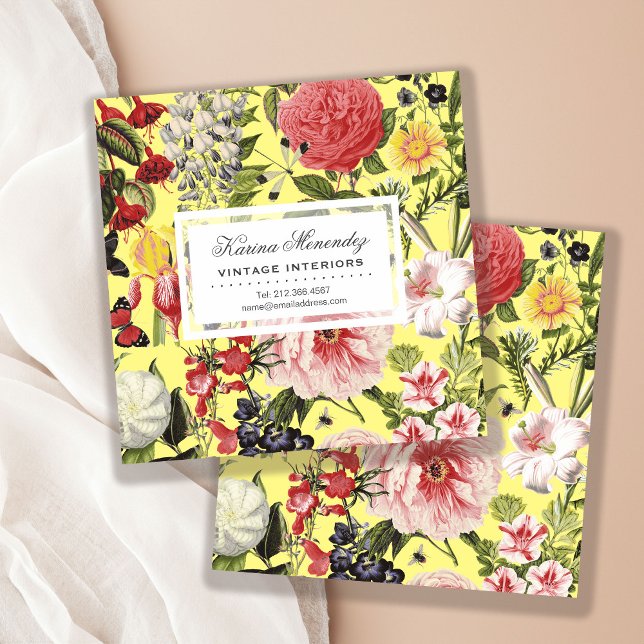 Carte De Visite Carré Belles fleurs et insectes Jardin Floral (Shown square format with square corners.)