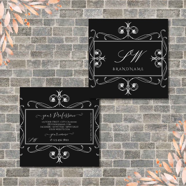 Carte De Visite Carré Bijoux à étincelles noir et blanc Initiales Orneme (Créateur téléchargé)