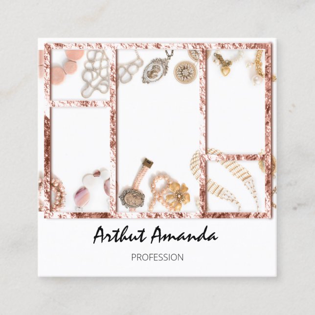 Carte De Visite Carré Bijoux de luxe perles Rose or encadré (Devant)