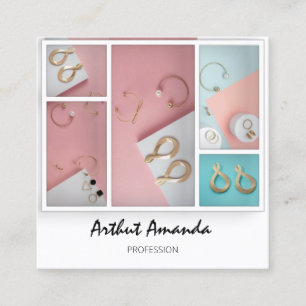 Carte De Visite Carré Bijoux de luxe perles Rose rose blanc encadré