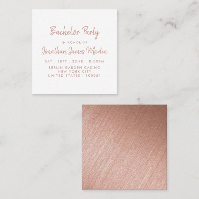 Carte De Visite Carré Billet rose Gold Foil & Script Bachelor Party (Devant / Derrière)