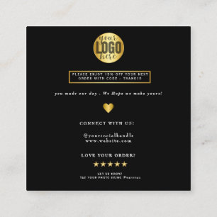 Carte De Visite Carré Black Classy et Elegant golden merci