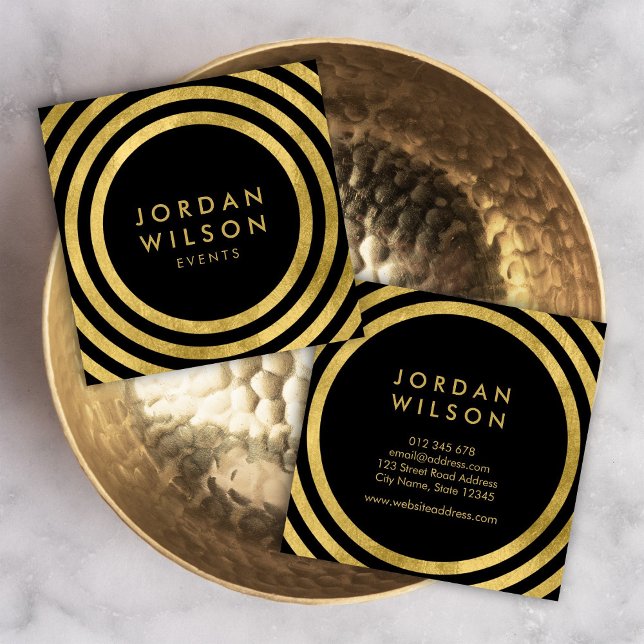 Carte De Visite Carré Black Faux Gold Round Lines Événement géométrique (Créateur téléchargé)