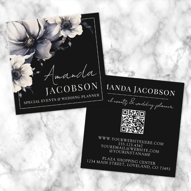 Carte De Visite Carré Black Floral Elegant Professionnel (Black Floral Elegant Professional Square Business Card)