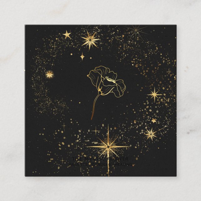 Carte De Visite Carré *~* Black Gold Floral Stars Mystic Flower (Devant)