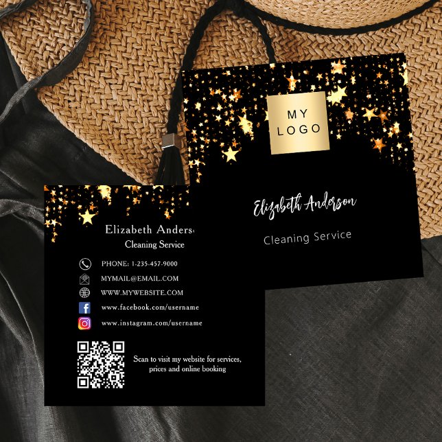 Carte De Visite Carré Black gold stars QR code logo des médias sociaux (Créateur téléchargé)
