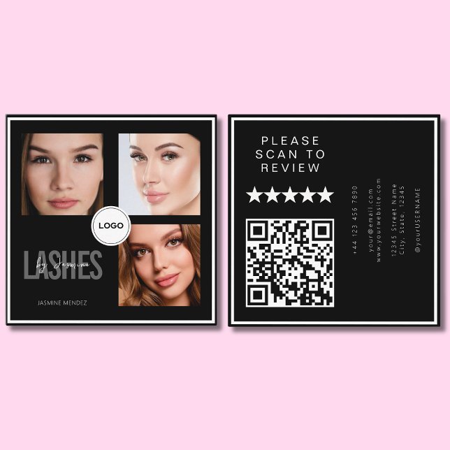 Carte De Visite Carré Black Lash Tech Photo Collage Code QR & Avis  (Créateur téléchargé)
