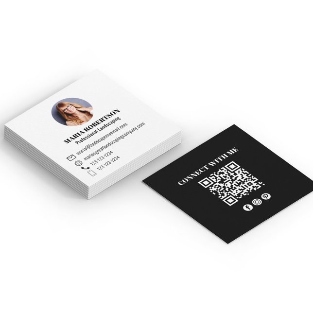 Carte De Visite Carré Black Modern QR Code Social Media Photo (Minimalist modern simple black and white business card.)