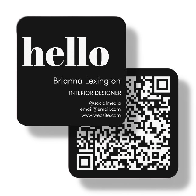 Carte De Visite Carré Black | QR Code Médias sociaux Bonjour (Créateur téléchargé)