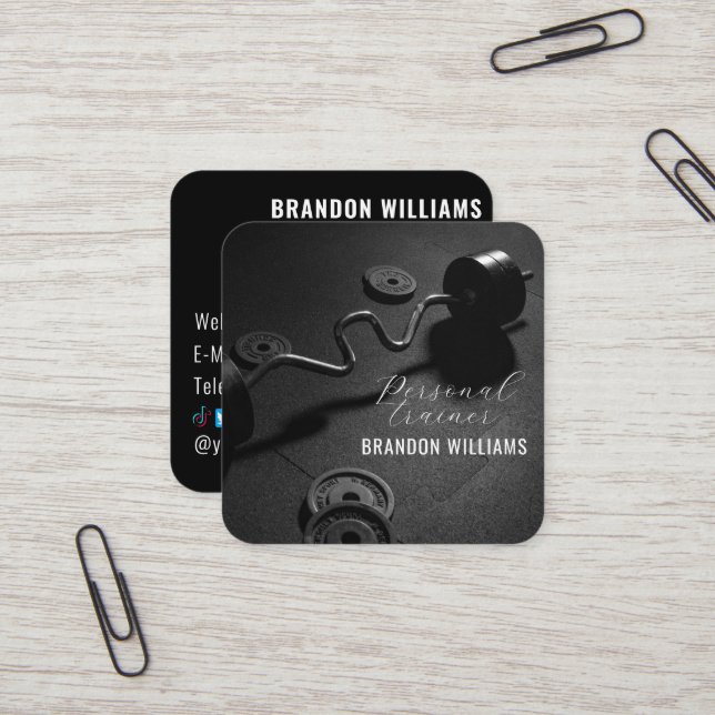 Carte De Visite Carré Black White Fitness Personal Trainer Influencer (Devant/Arrière en situation)