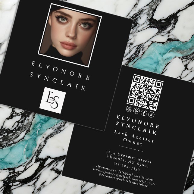 Carte De Visite Carré Black White Script Photo Logo QR Code Social Lash (Créateur téléchargé)