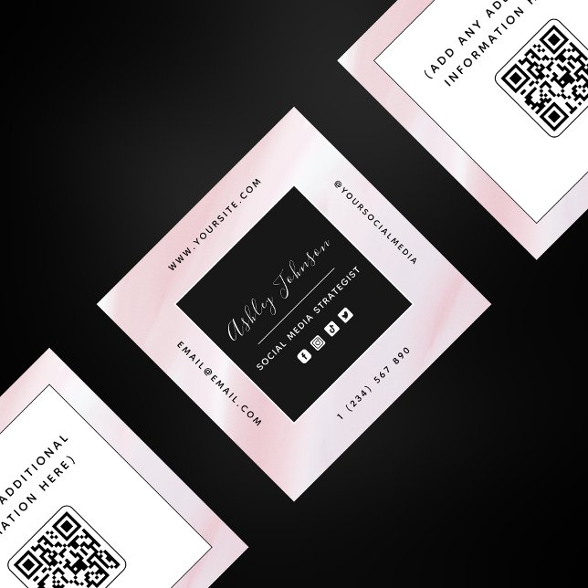 Carte De Visite Carré Blanc rose et blanc QR Code Social Media Modern (Créateur téléchargé)