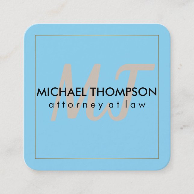 Carte De Visite Carré Bleu | Bordure avec monogramme (Devant)