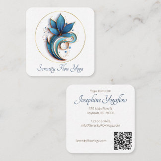 Carte De Visite Carré Bleu Brown Abstrait Lotus Elégant design QRC