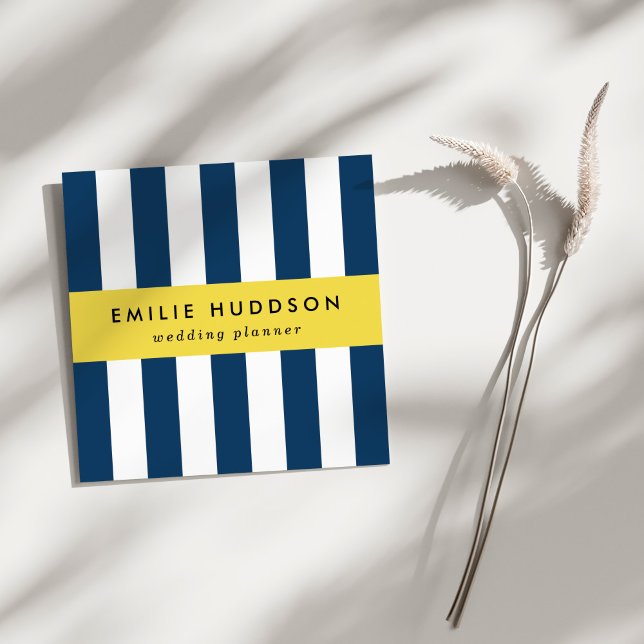 Carte De Visite Carré Bleu de marine, Blancs, Motif rayé (Créateur téléchargé)