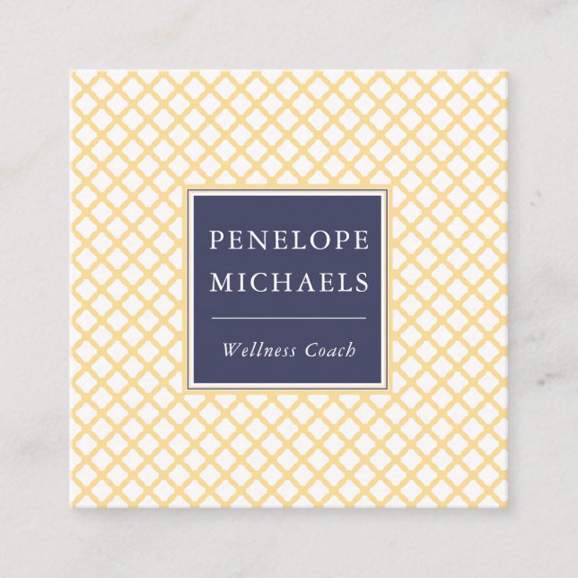 Carte De Visite Carré Bleu élégant avec Motif Trellis Jaune (Devant)