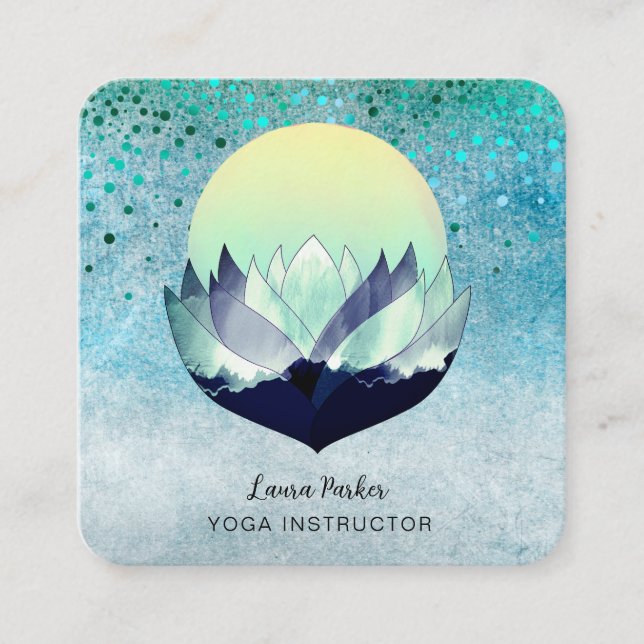 Carte De Visite Carré Bleu Lotus Moon Méditation Yoga Mer Holistique (Devant)