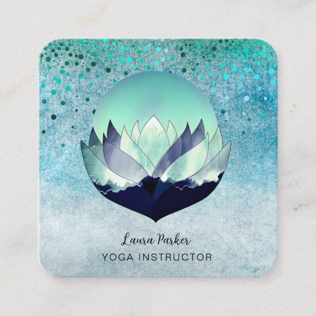 Carte De Visite Carré Bleu Lotus Moon Méditation Yoga Mer Holistique (Devant)