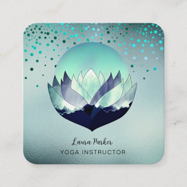 Carte De Visite Carré Bleu Lotus Moon Méditation Yoga Mer Holistique (Devant)