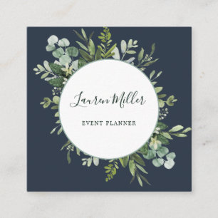 Carte De Visite Carré Bleu Marine Aquarelle Eucalyptus Verdure Wreath