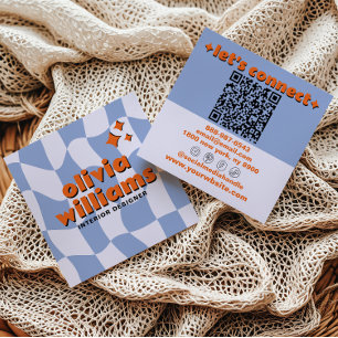 Carte De Visite Carré Bleu Orange Rétro Code QR Groovy À Carreaux Branch