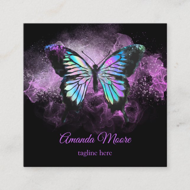 Carte De Visite Carré bleu papillon vie coach thérapeute holographe opal (Devant)