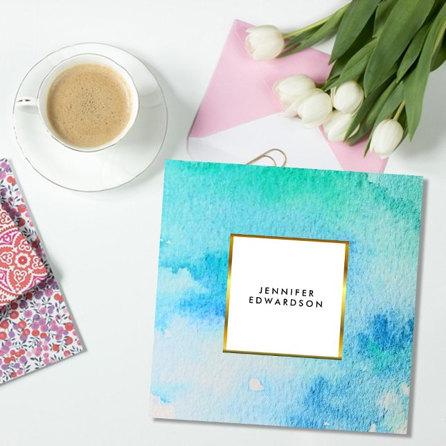 Carte De Visite Carré Bleu turquoise aquarelle éclaboussure or élégant (Blue teal watercolor splatter, gold white frame, elegant square business card.)