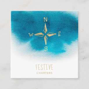 Carte De Visite Carré Bleu turquoise blanc de boussole de *~* de plage