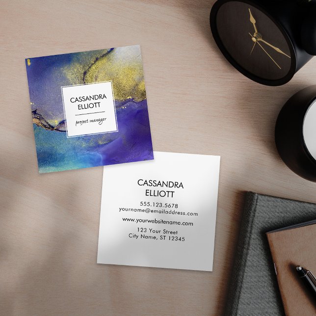 Carte De Visite Carré Bleu violet et or encre d'alcool Liquide Art (Créateur téléchargé)