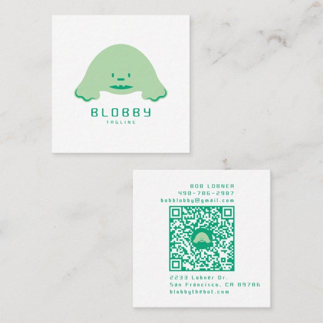 Carte De Visite Carré Blobby Character Logo | Fun Mascot with QR code (Devant / Derrière)