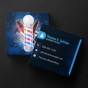 Carte De Visite Carré Blue Bokeh Barber Shop Pole Hair Styliste Ciseaux