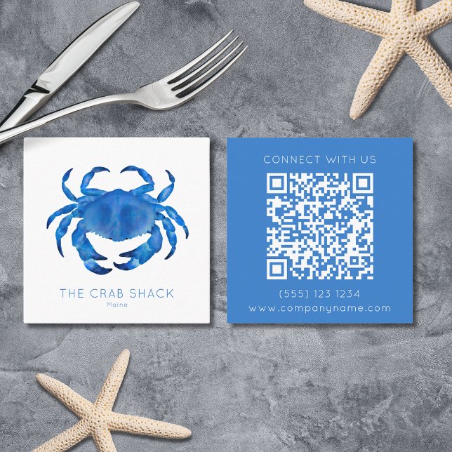 Carte De Visite Carré Blue Crab Seafood Restaurant Code QR (Crab Seafood restaurant/guest house square business cards with custom QR code. Shellfish Blue Beach)