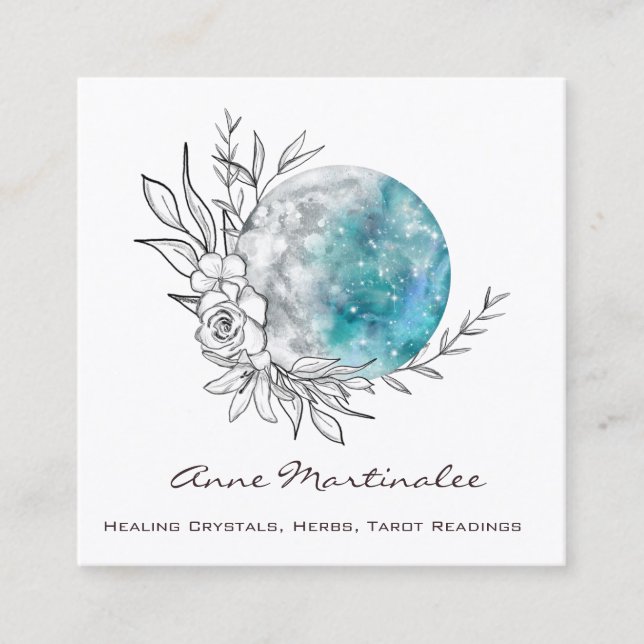 Carte De Visite Carré Blue Floral Moon Square Business Card (Devant)