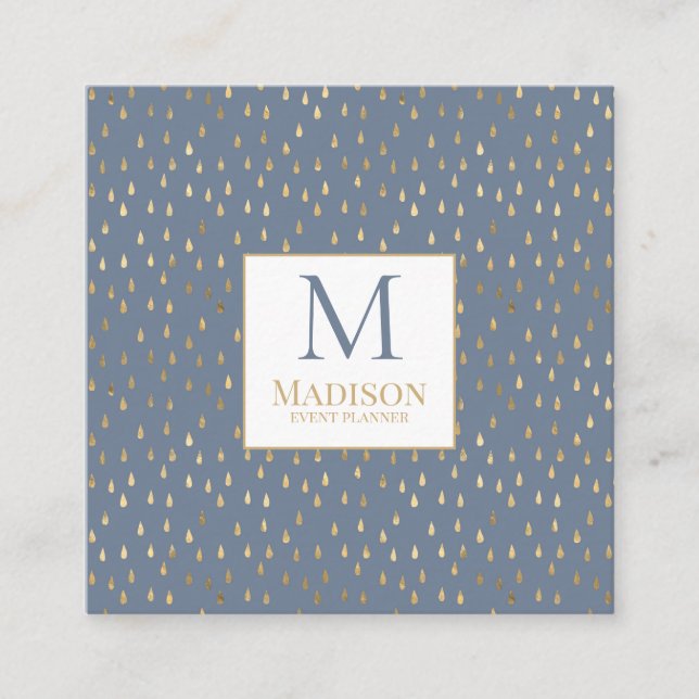 Carte De Visite Carré Blue Gold Raindrop Moderne Monogramme tendance (Devant)