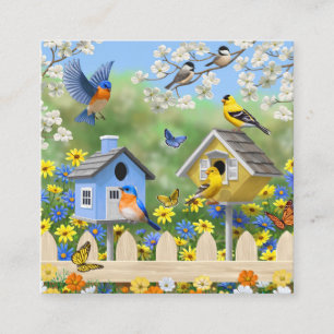 Carte De Visite Carré Bluebirds Goldfinches Birdhouses Jardin aux fleurs