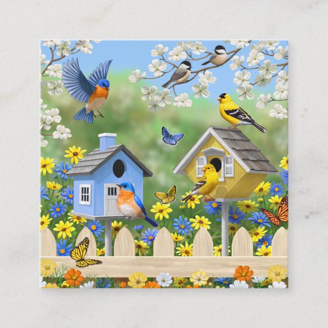 Carte De Visite Carré Bluebirds Goldfinches Birdhouses Jardin aux fleurs (Devant)